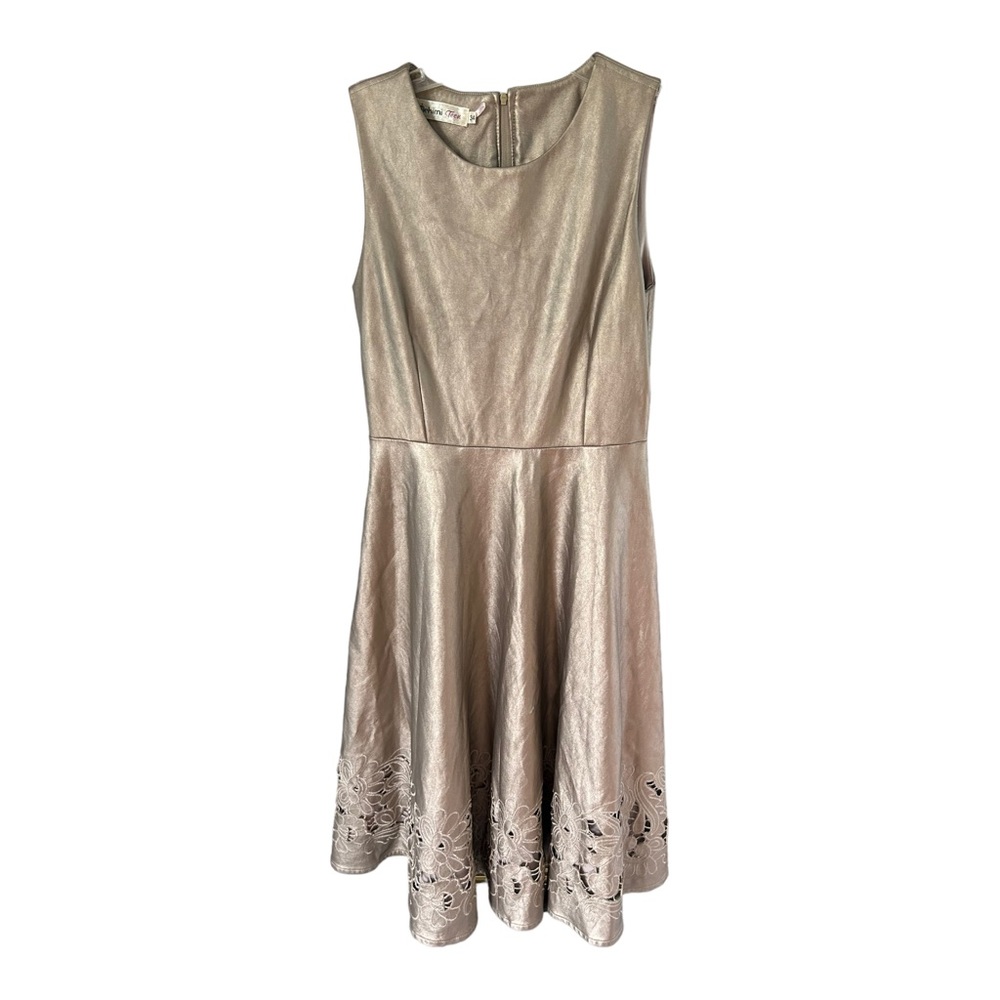 Mekimi Teen Gold Floral Fit & Flare Midi Dress Sz 6 34 Cut Out Hem